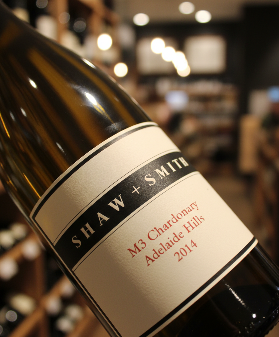 Close-up of Shaw and Smith M3 Chardonnay 2023 bottle in portrait, gallery position 3, white wine label visible