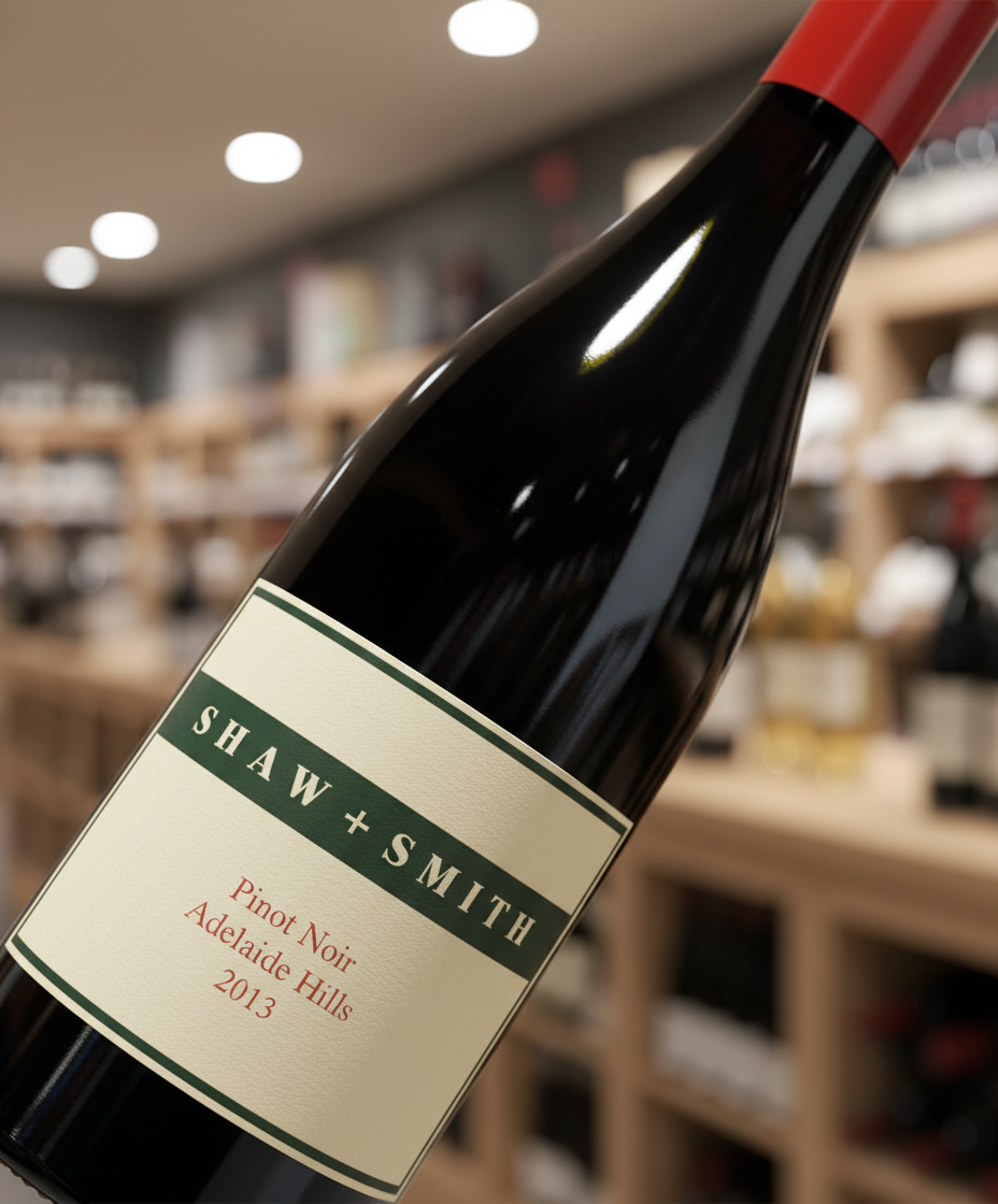 Shaw and Smith Pinot Noir 2021 bottle close-up in portrait, gallery image 3, 928x1120 dimensions