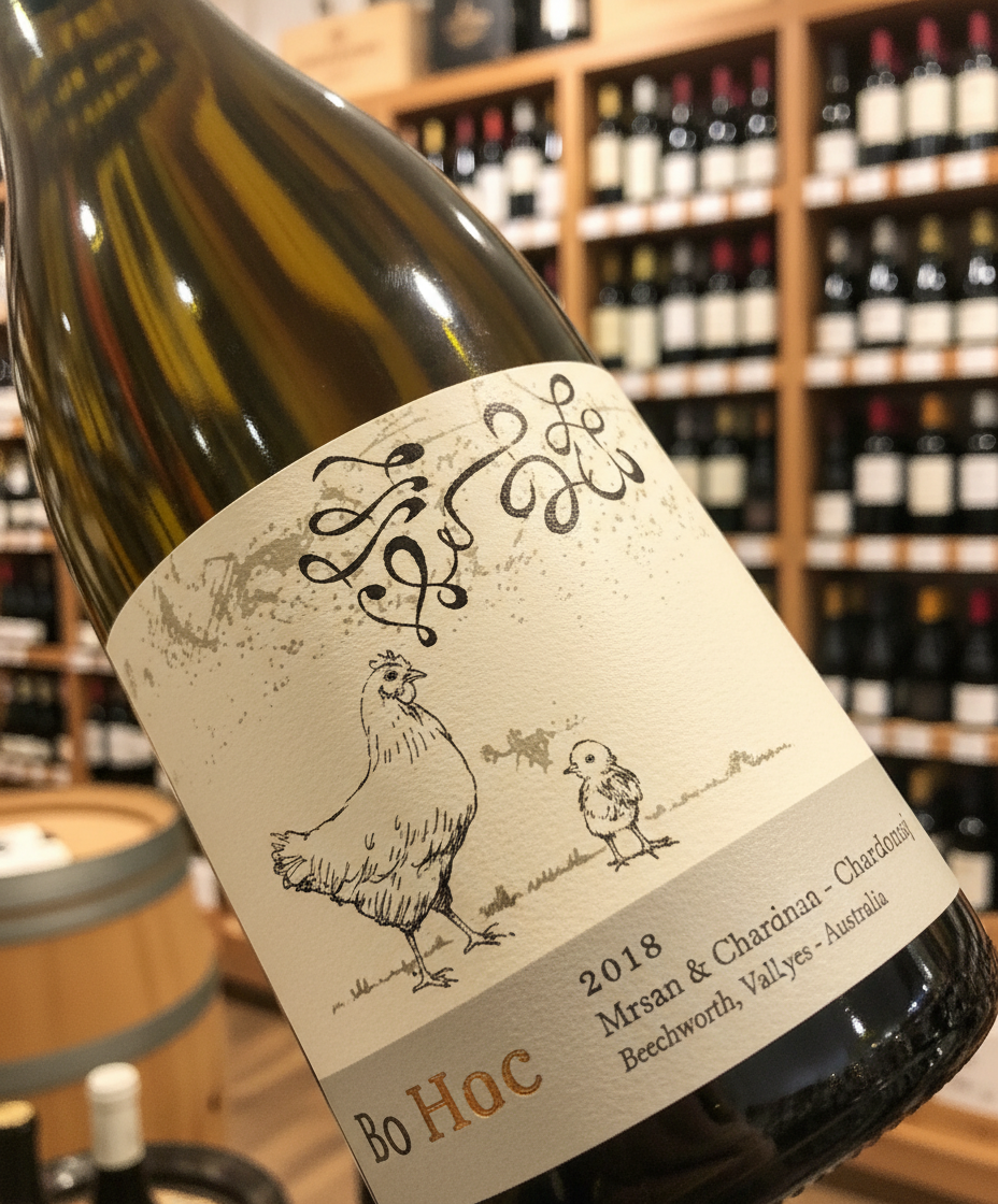 Larry Cherubino Hen and Chicken Chardonnay 2024 bottle close-up, gallery position 3, portrait orientation