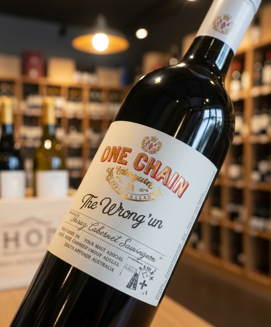 One Chain The Wrong Un Shiraz Cabernet 2024 bottle close-up in portrait orientation gallery image 3