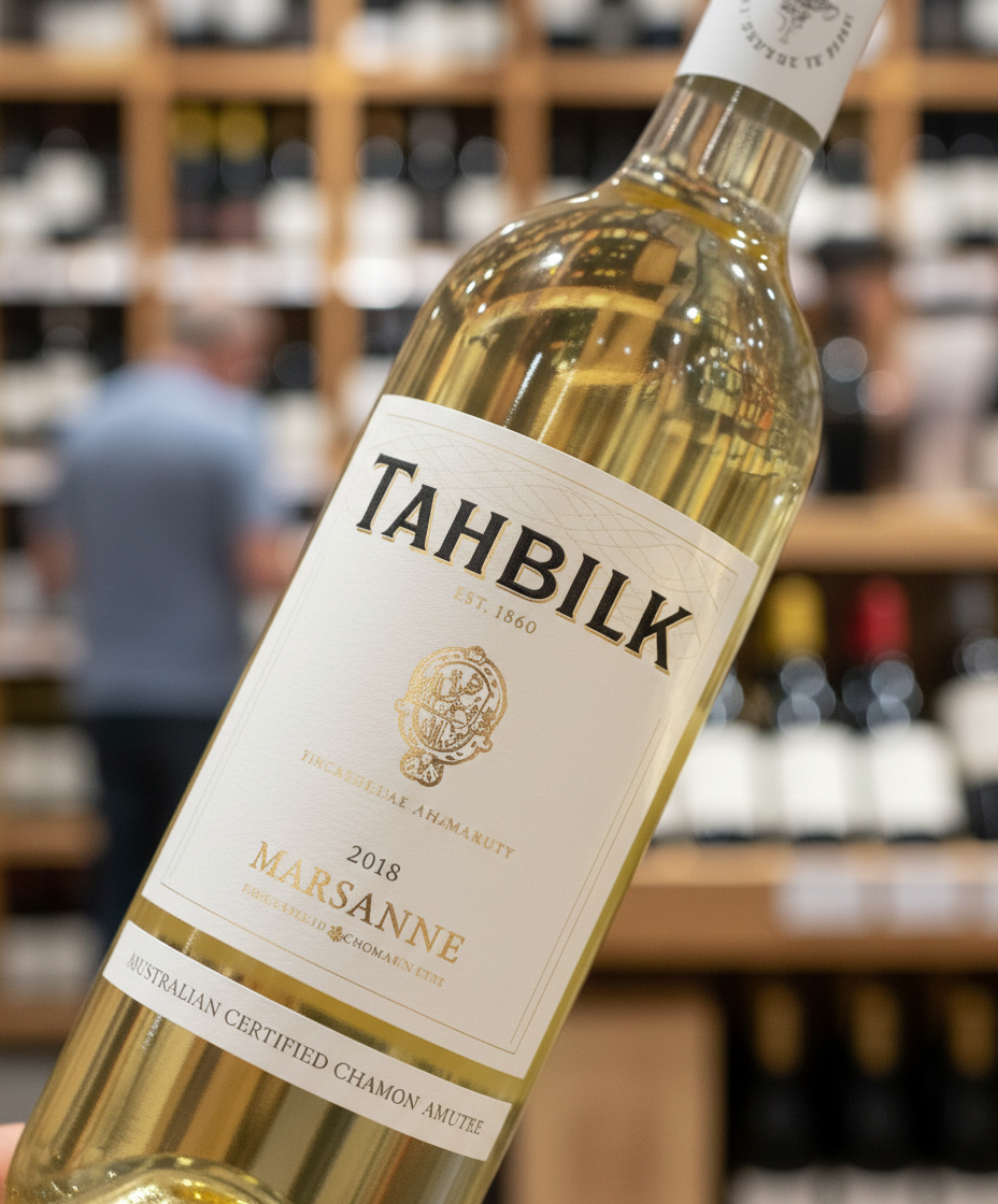Tahbilk Marsanne 2022 white wine bottle shown in portrait with blurred wine bottles in background