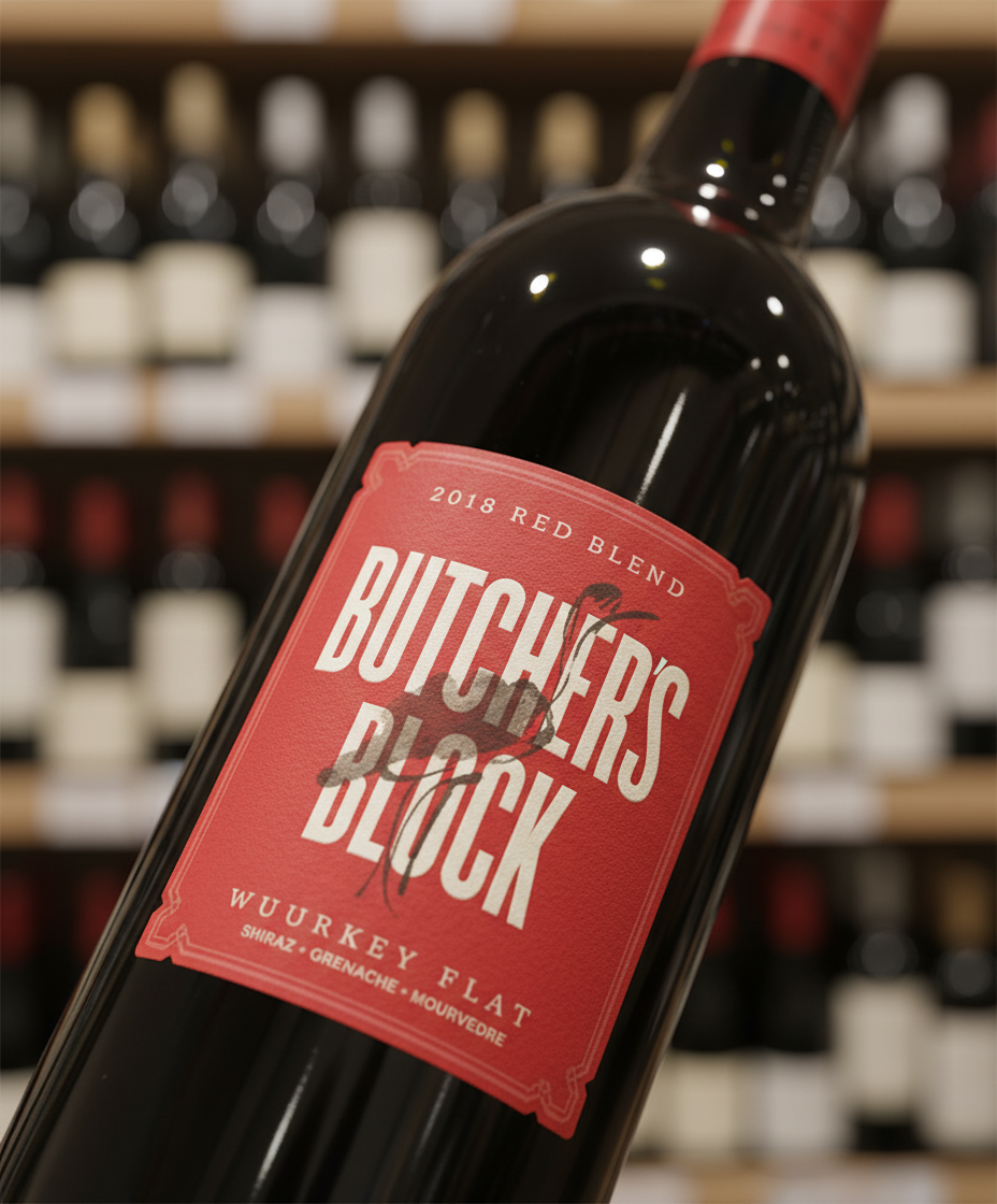 Turkey Flat Butchers Block Red 2021 bottle close-up portrait orientation with blurred wine bottles background