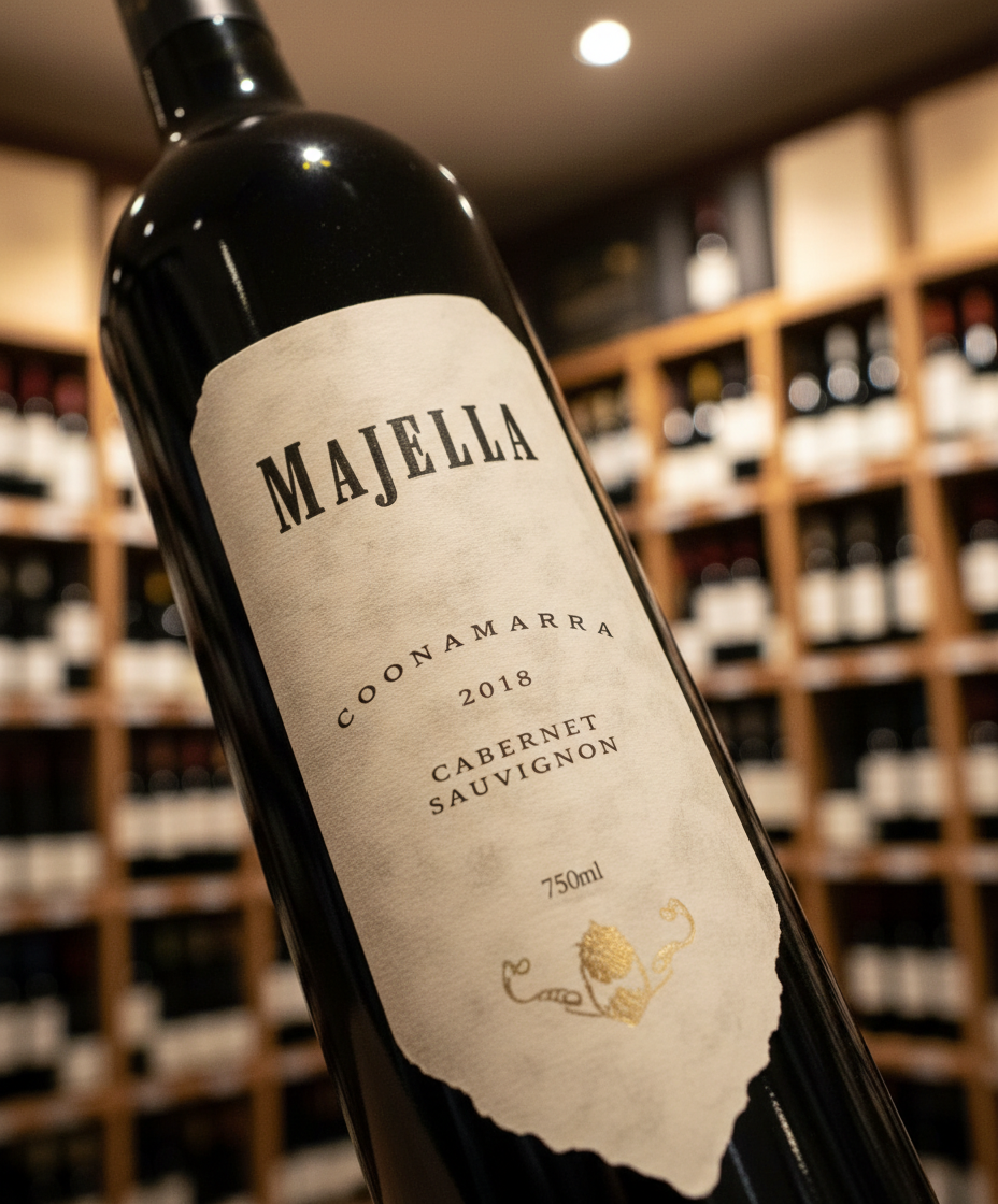 Majella Coonawarra Cabernet Sauvignon 2020 bottle shown in portrait with wine shelves in background