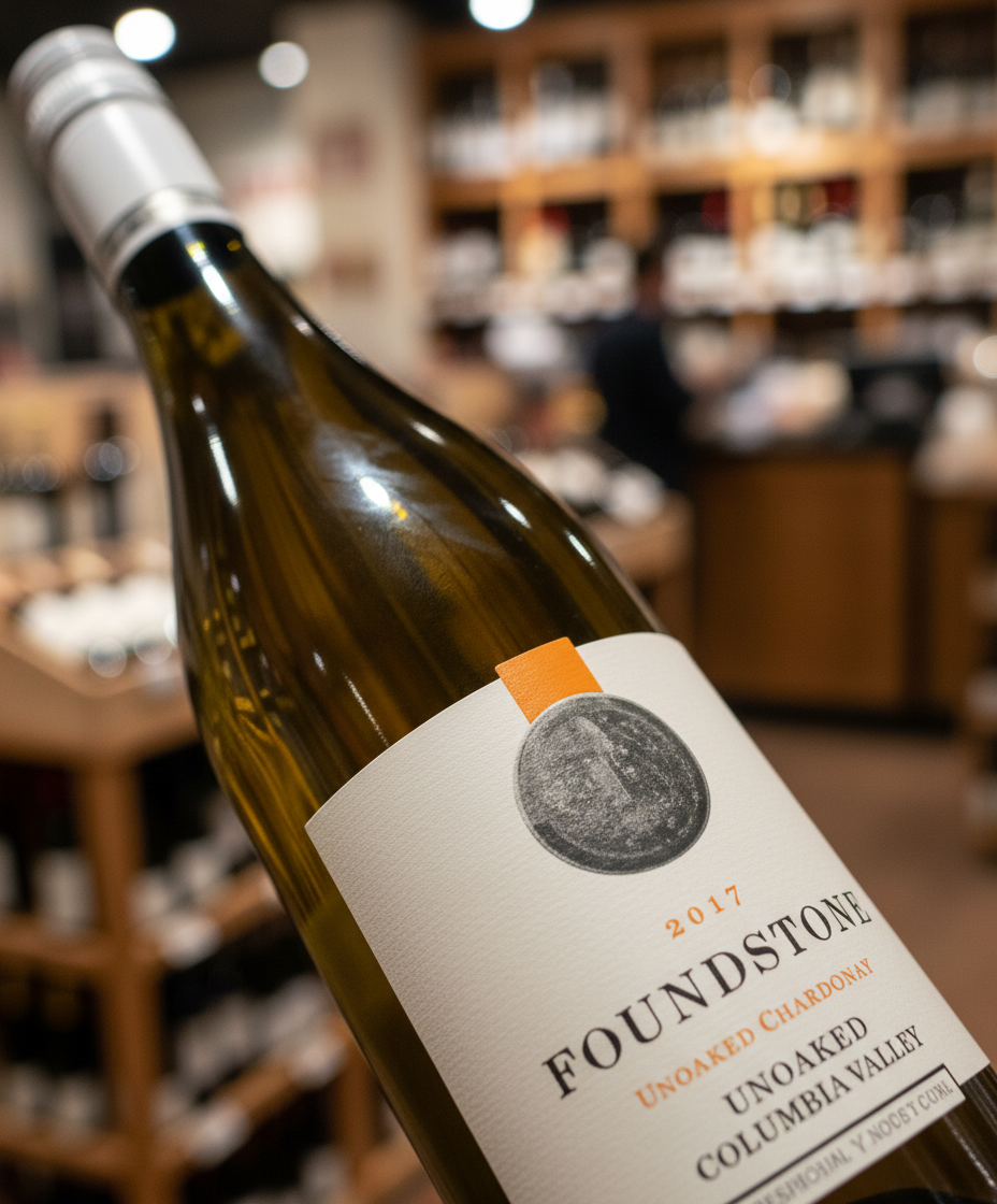 Berton Foundstone Chardonnay 2024 bottle in a wine shop with wooden shelves and wine selection background