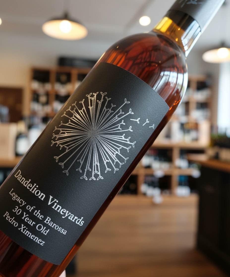 Dandelion Vineyards Legacy of the Australia 30 YO Pedro Ximenez bottle close-up in gallery position 3 vertical
