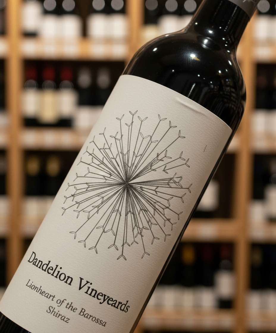 Dandelion Vineyards Lionheart of the Barossa Shiraz 2023 bottle with dandelion seed design label on shelf background