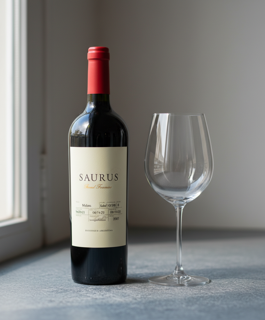 Familia Schroeder Saurus Barrel Fermented Malbec 2023 bottle and empty glass in portrait format, gallery 4