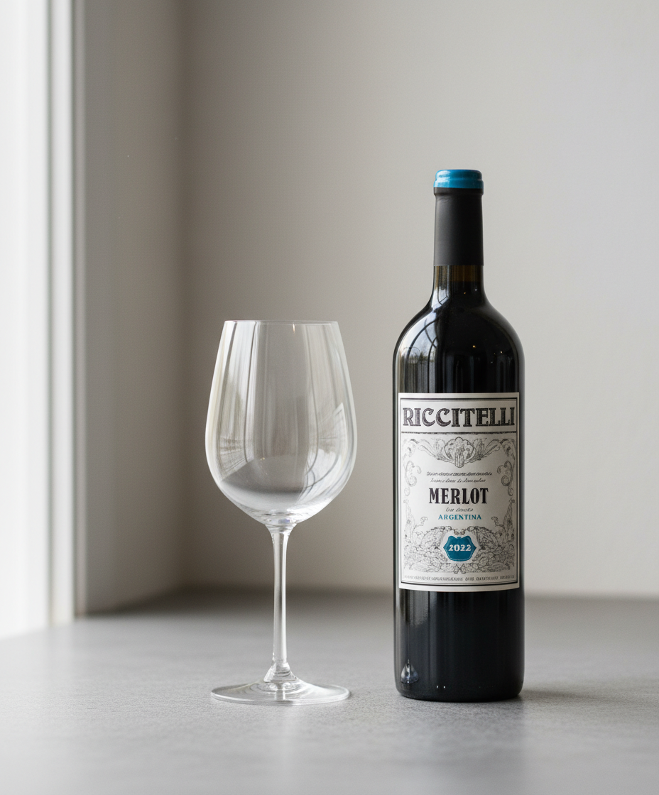 Matias Riccitelli Old Vine Patagonia Merlot 2022 bottle with empty wine glass in portrait view