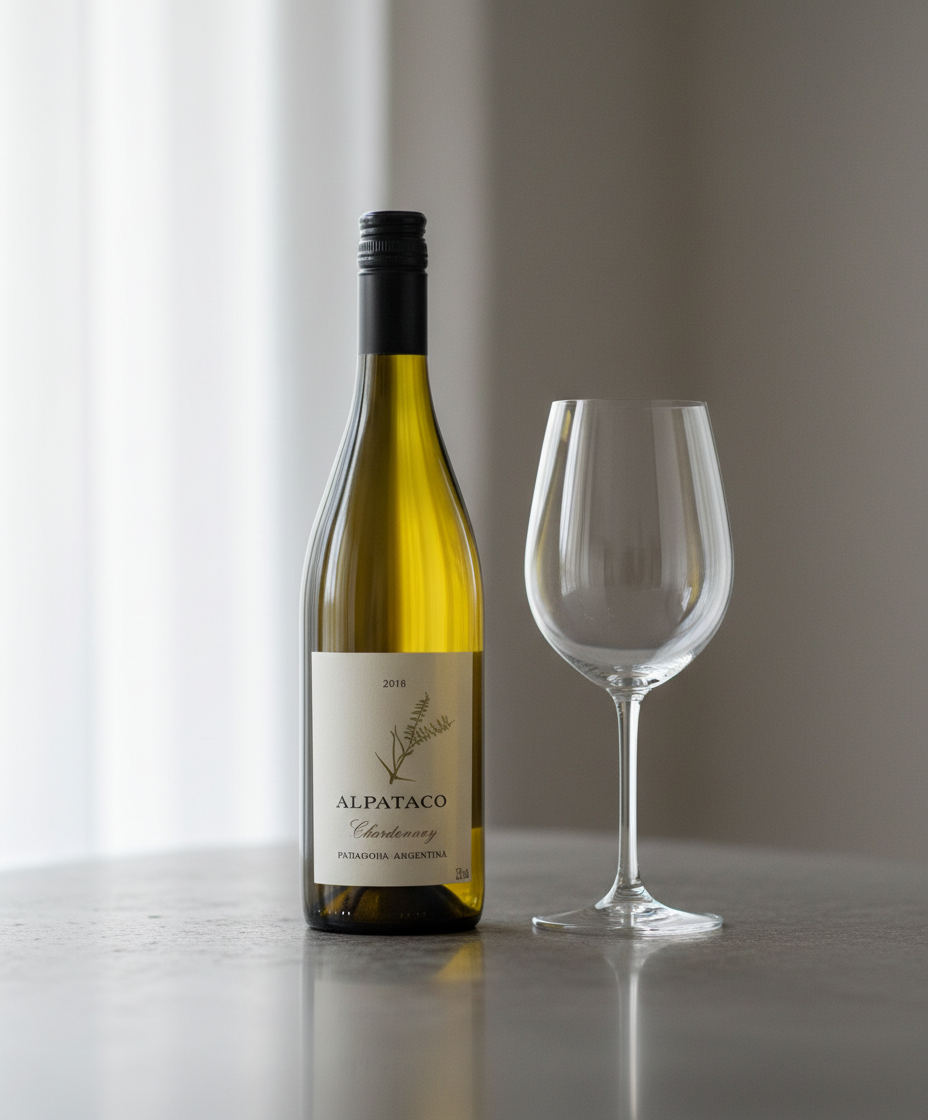 Familia Schroeder Alpataco Chardonnay 2024 bottle and empty wine glass in portrait orientation gallery position 4