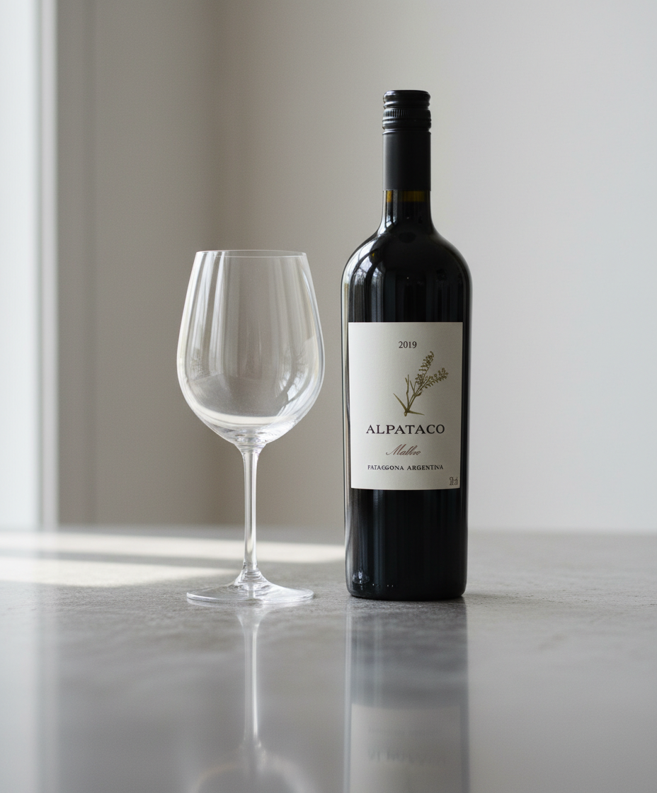 Familia Schroeder Alpataco Malbec 2024 bottle with empty wine glass, gallery position 4 portrait 928x1120