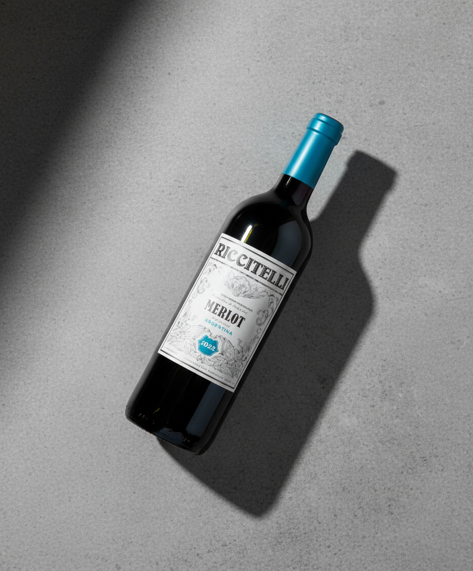 Matias Riccitelli Old Vine Patagonia Merlot 2022 bottle angled with shadow on gray surface gallery position 1