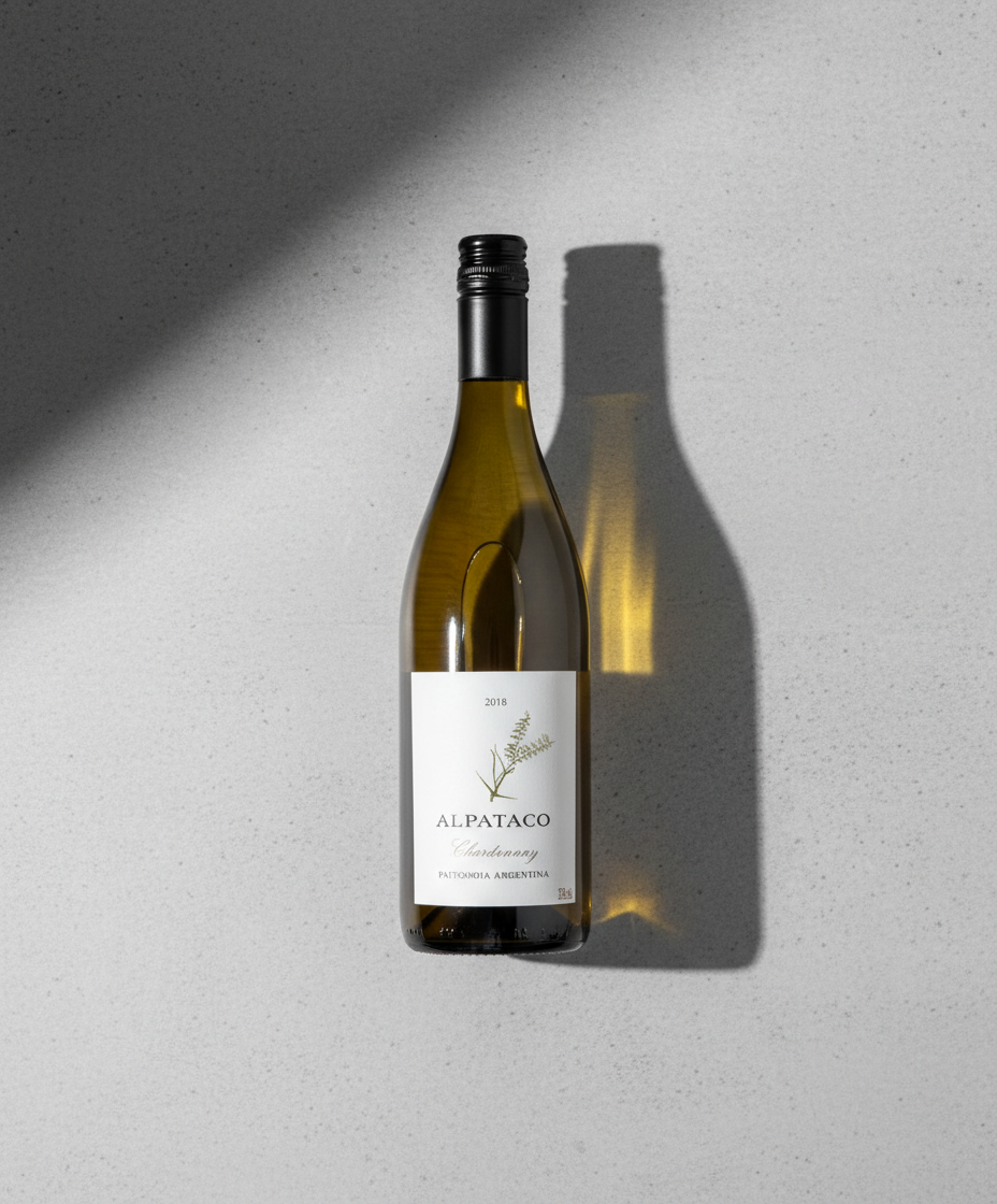 Familia Schroeder Alpataco Chardonnay 2024 bottle with long shadow on grey surface gallery position 1 white wine