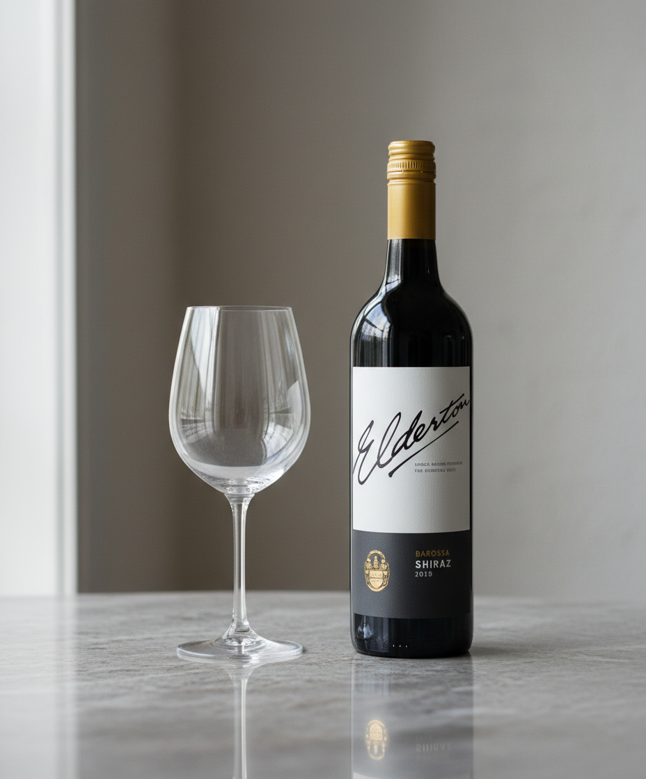 Elderton Estate Barossa Shiraz 2022 bottle and empty wine glass in portrait, gallery position 4