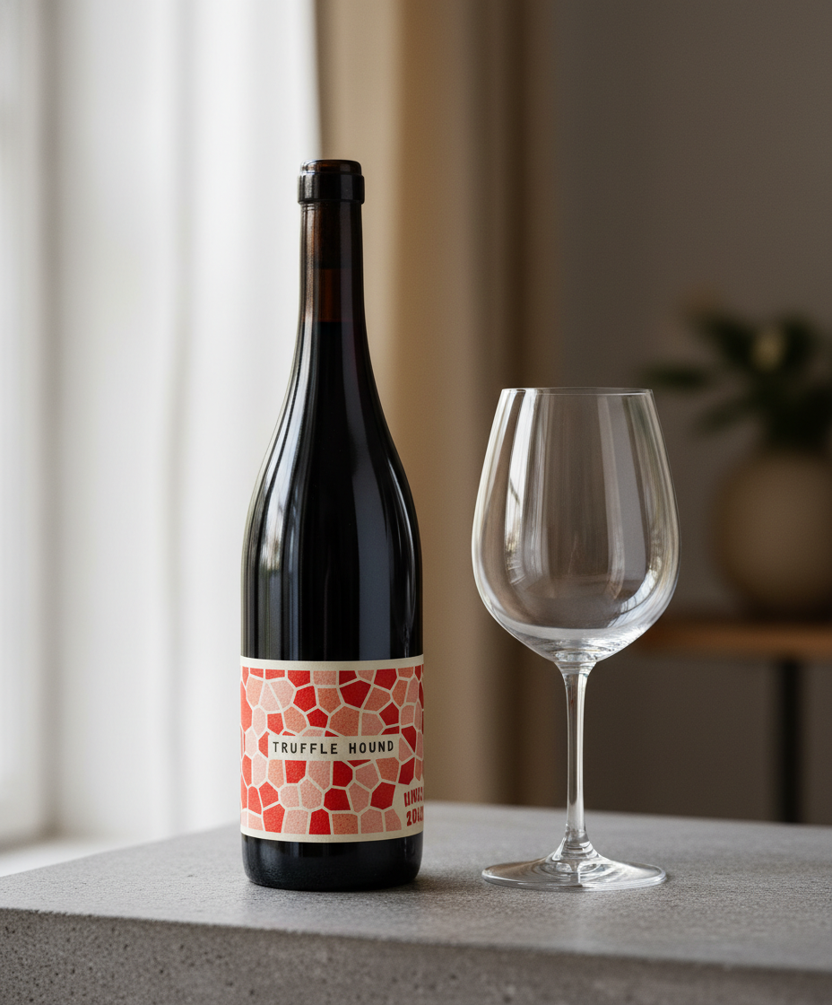 Bottle of Unico Zelo Truffle Hound Barbera Nebbiolo Blend 2022 next to empty wine glass portrait view