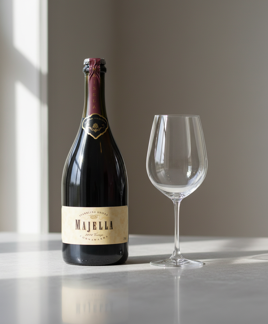 Majella Sparkling Shiraz 2023 bottle and empty wine glass in gallery position 4 portrait 928x1120