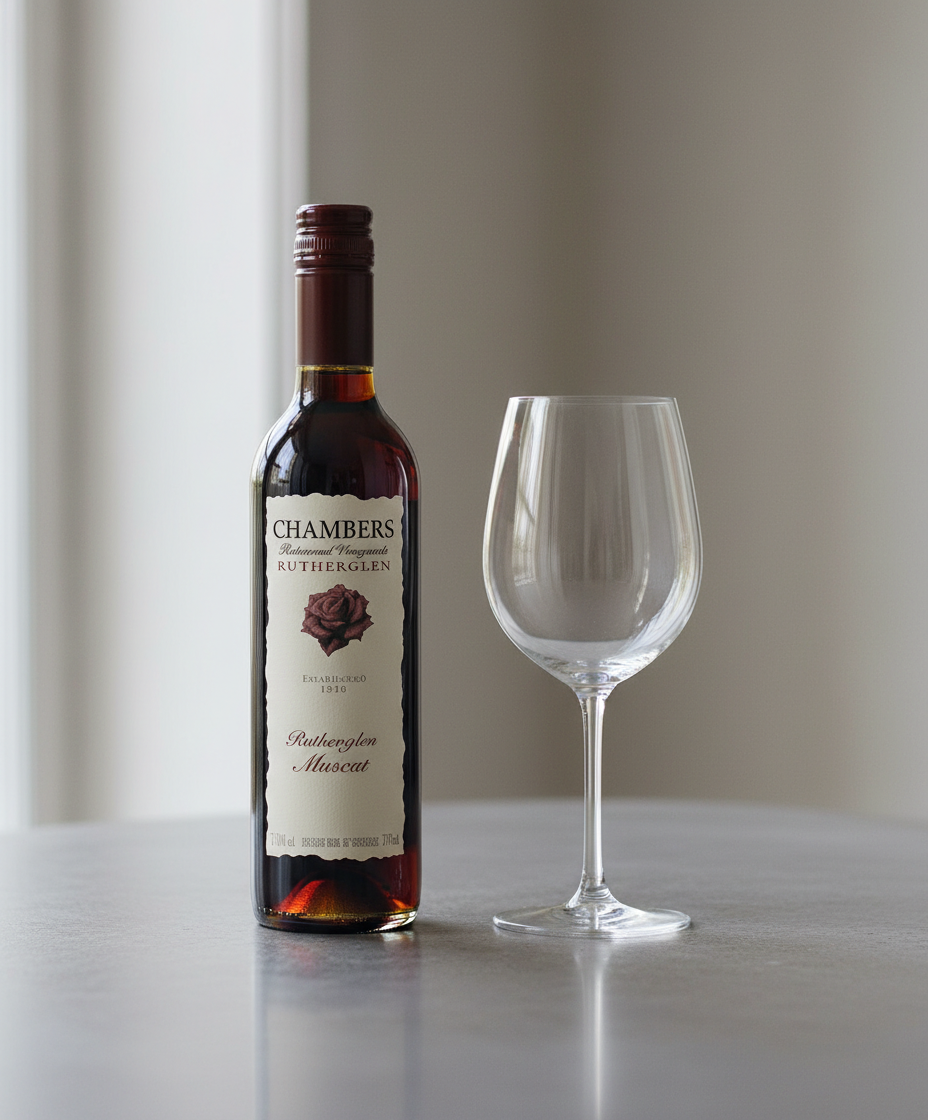 Chambers Rosewood Rutherglen Muscat NV 37.5cl bottle with empty wine glass in portrait orientation, gallery 4