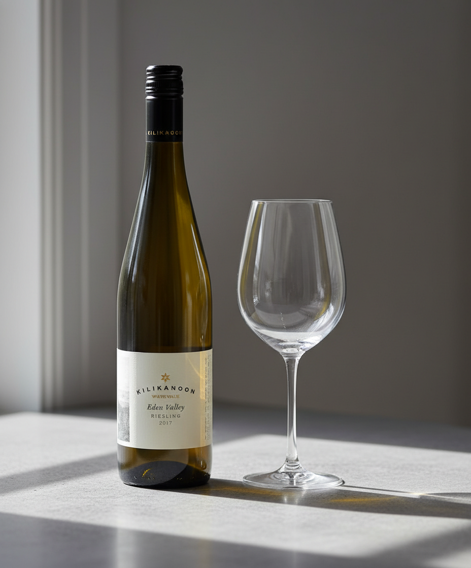 Kilikanoon Killerman's Run Pinot Gris 2022 bottle and empty wine glass in portrait gallery position 4