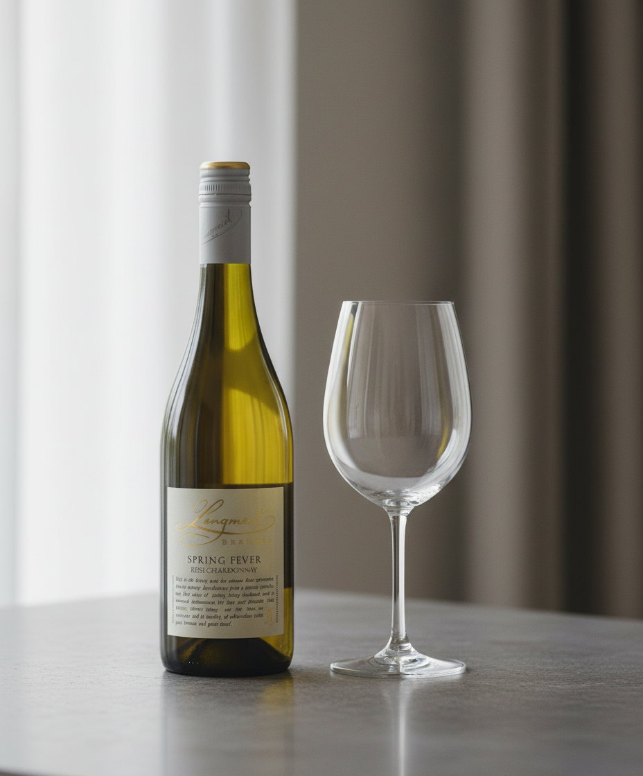 Langmeil Spring Fever Chardonnay 2023 bottle with empty wine glass on table portrait gallery 4