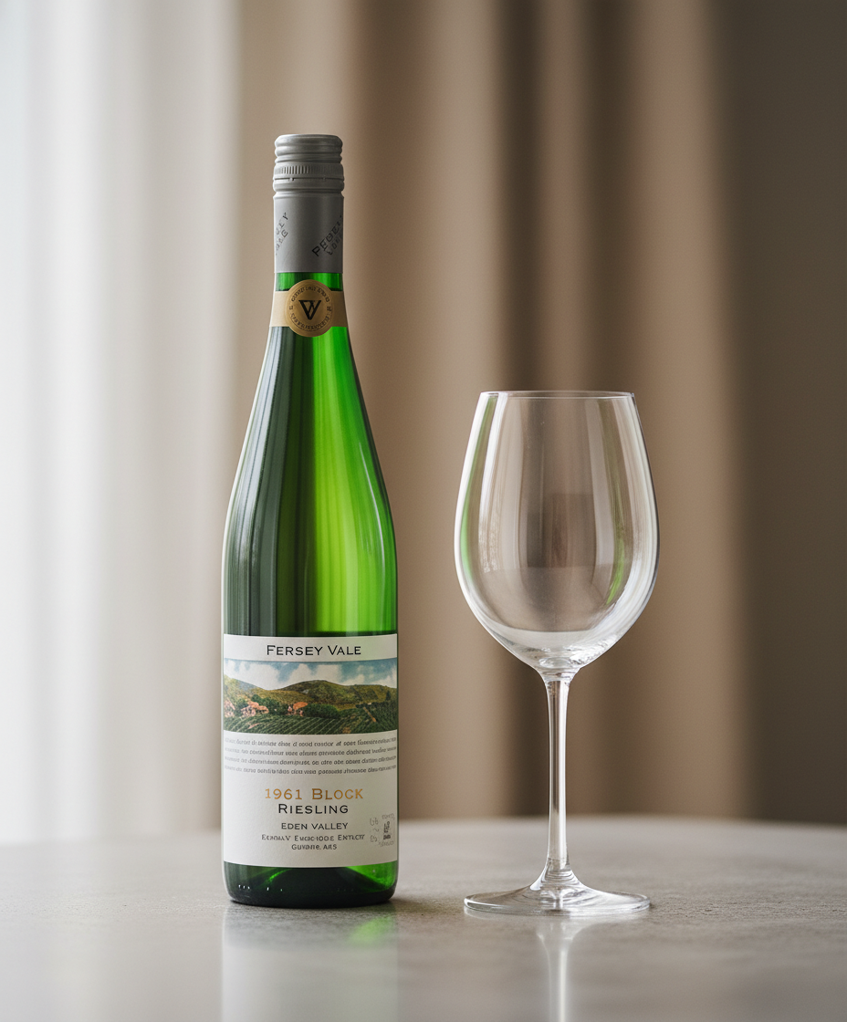 Pewsey Vale 1961 Block Eden Valley Estate Riesling 2021 bottle with empty wine glass portrait 928x1120