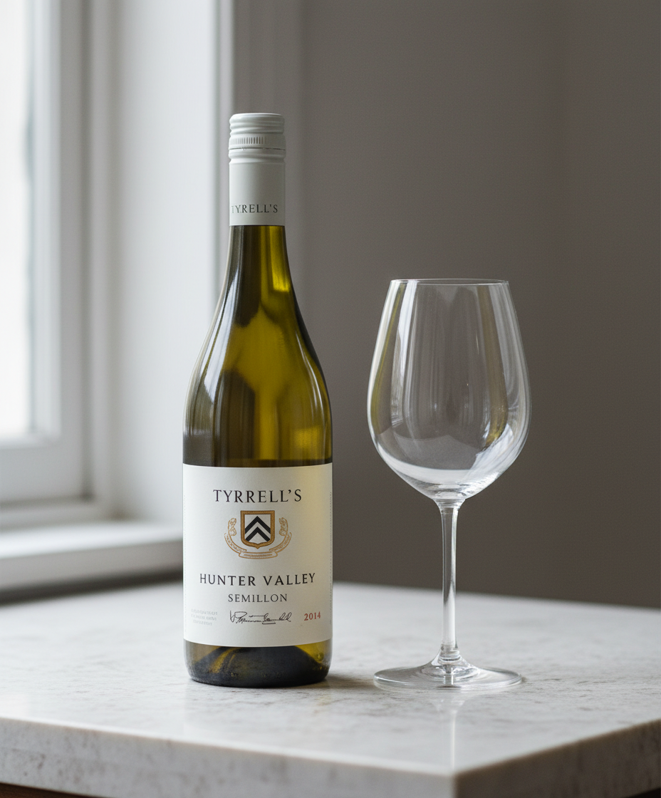 Tyrrell's Hunter Valley Semillon 2024 bottle with empty wine glass on marble table portrait 928x1120