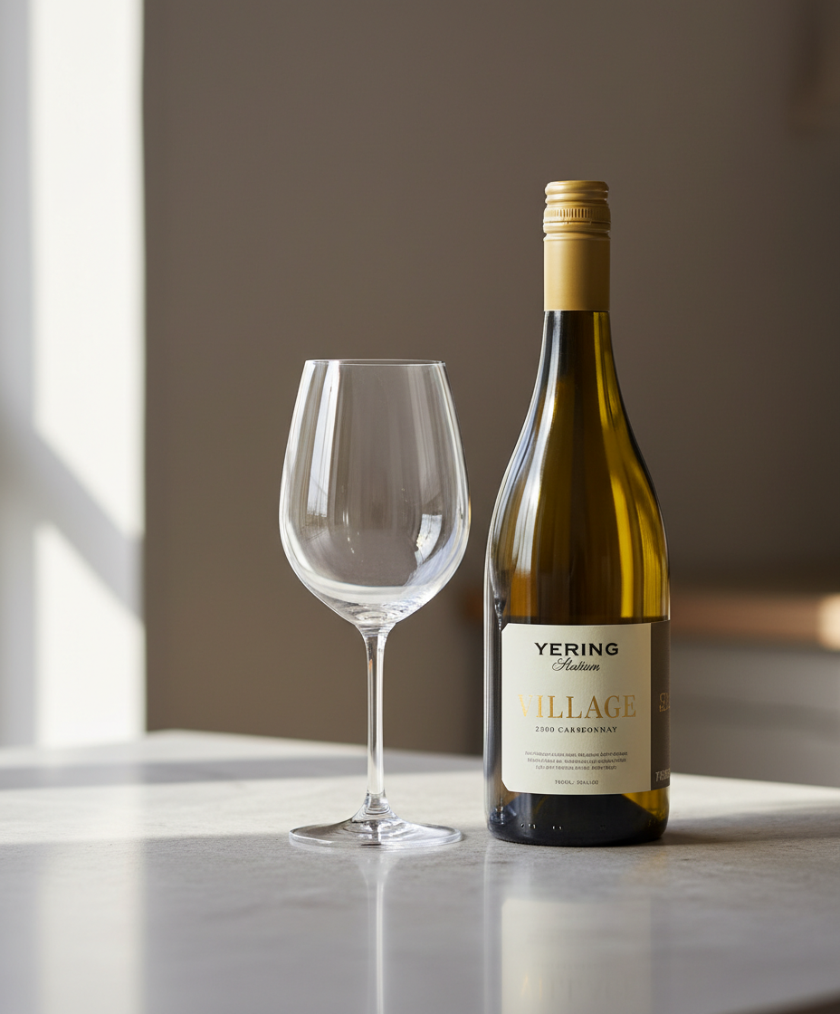 Yering Station Village Chardonnay 2023 bottle with empty glass in portrait orientation gallery position 4