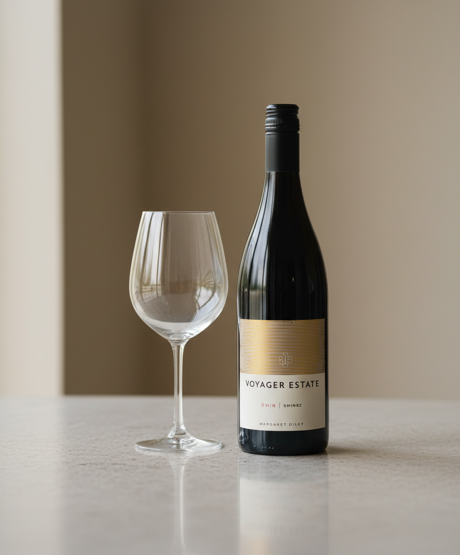 Voyager Estate Shiraz 2019 bottle beside empty wine glass in gallery position 4 portrait image
