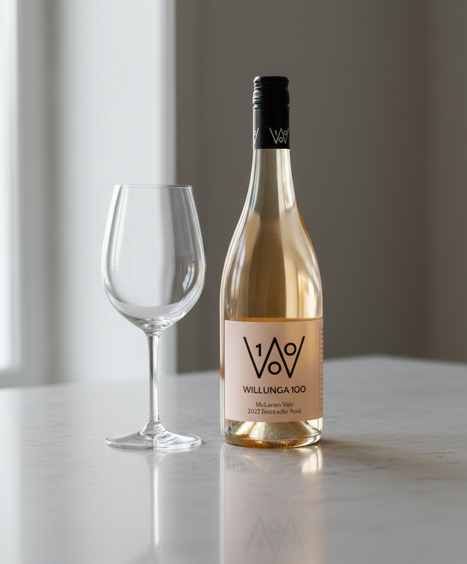 Willunga 100 Grenache Rose 2024 bottle and empty wine glass on marble table portrait 928x1120