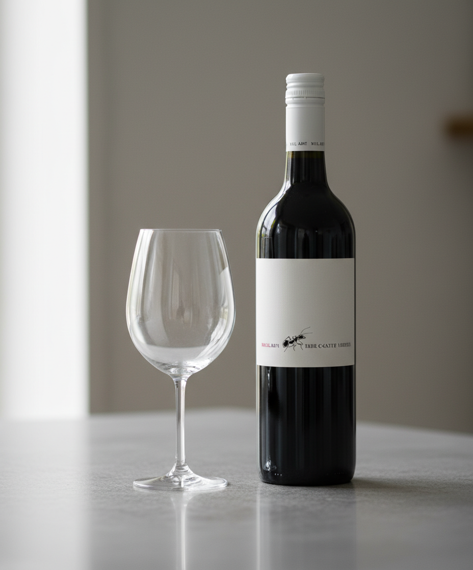 Lake Breeze Bull Ant Cabernet Merlot 2021 bottle with empty wine glass on grey table portrait 928x1120