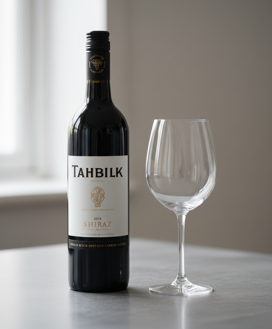 Tahbilk Nagambie Lakes Shiraz 2020 bottle portrait with empty wine glass on table in soft light