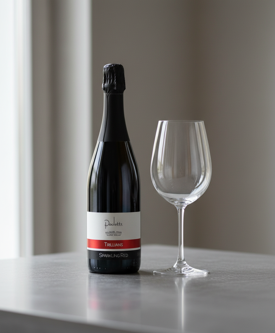 Paulett Trillians Sparkling Red NV bottle and empty wine glass in portrait, gallery position 4, 928x1120px