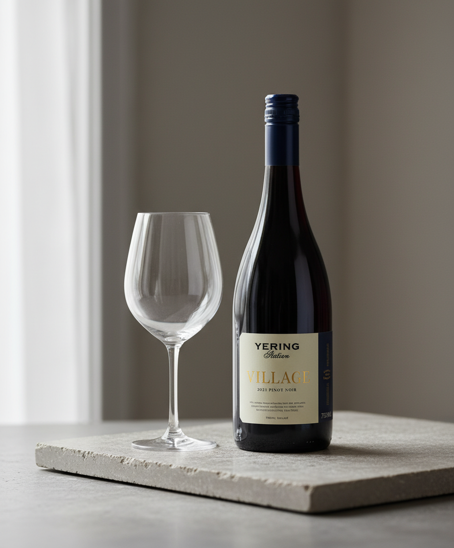 Yering Station Village Pinot Noir 2024 red wine bottle with empty glass in portrait gallery shot 4