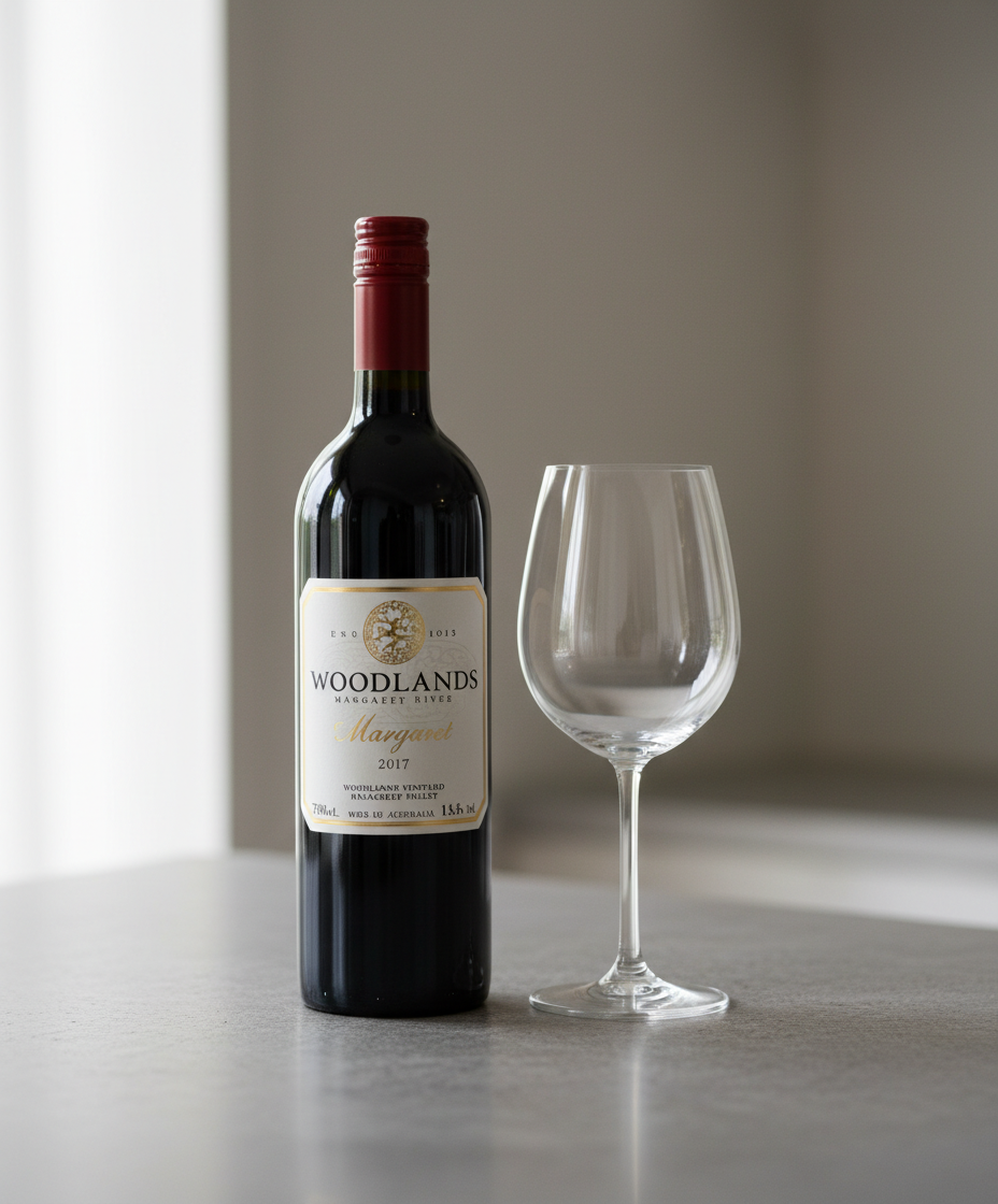 Woodlands Vineyard Margaret 2018 bottle with empty wine glass on table, portrait orientation, gallery 4