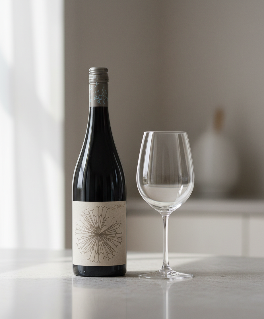 Dandelion Vineyards Lion's Tooth of McLaren Vale Shiraz/Riesling 2021 bottle with empty wine glass portrait four
