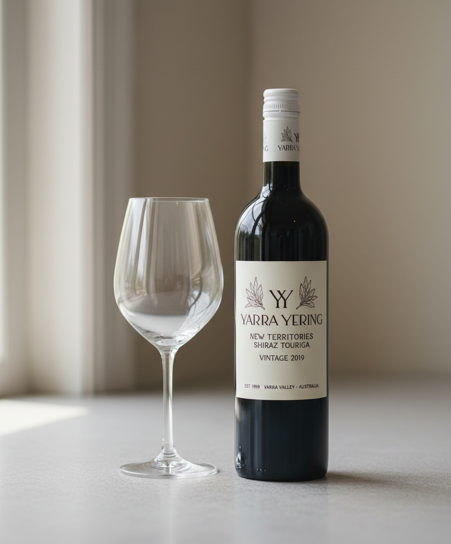 Yarra Yering New Territories Shiraz Touriga 2019 bottle and empty glass in portrait orientation, gallery 4