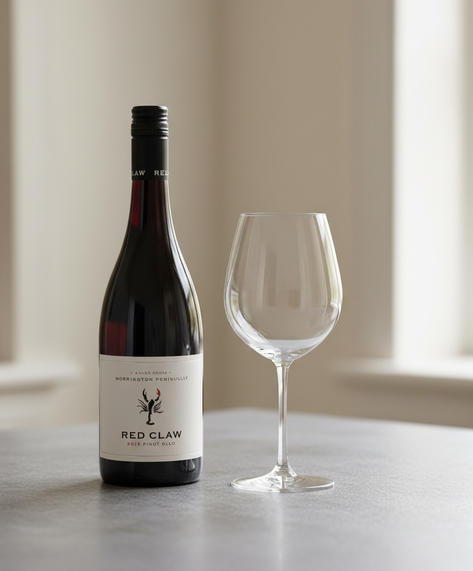 Red Claw Pinot Noir 2023 bottle and empty wine glass in portrait orientation, gallery position 4