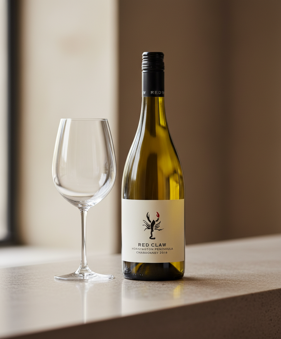 Red Claw Chardonnay 2024 bottle and empty wine glass in portrait, gallery position 4 image, 928x1120px