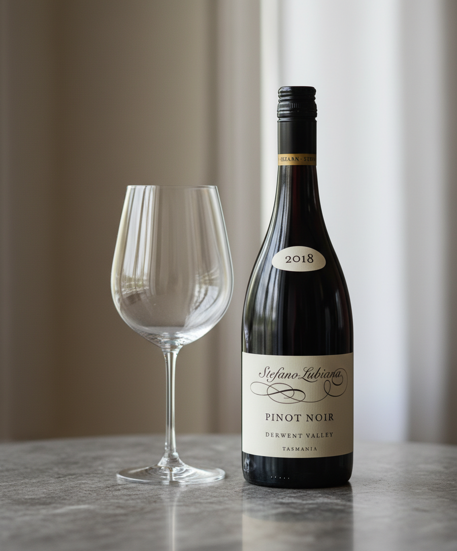 Stefano Lubiana Estate Pinot Noir 2020 bottle with wine glass on marble table, portrait 928x1120px