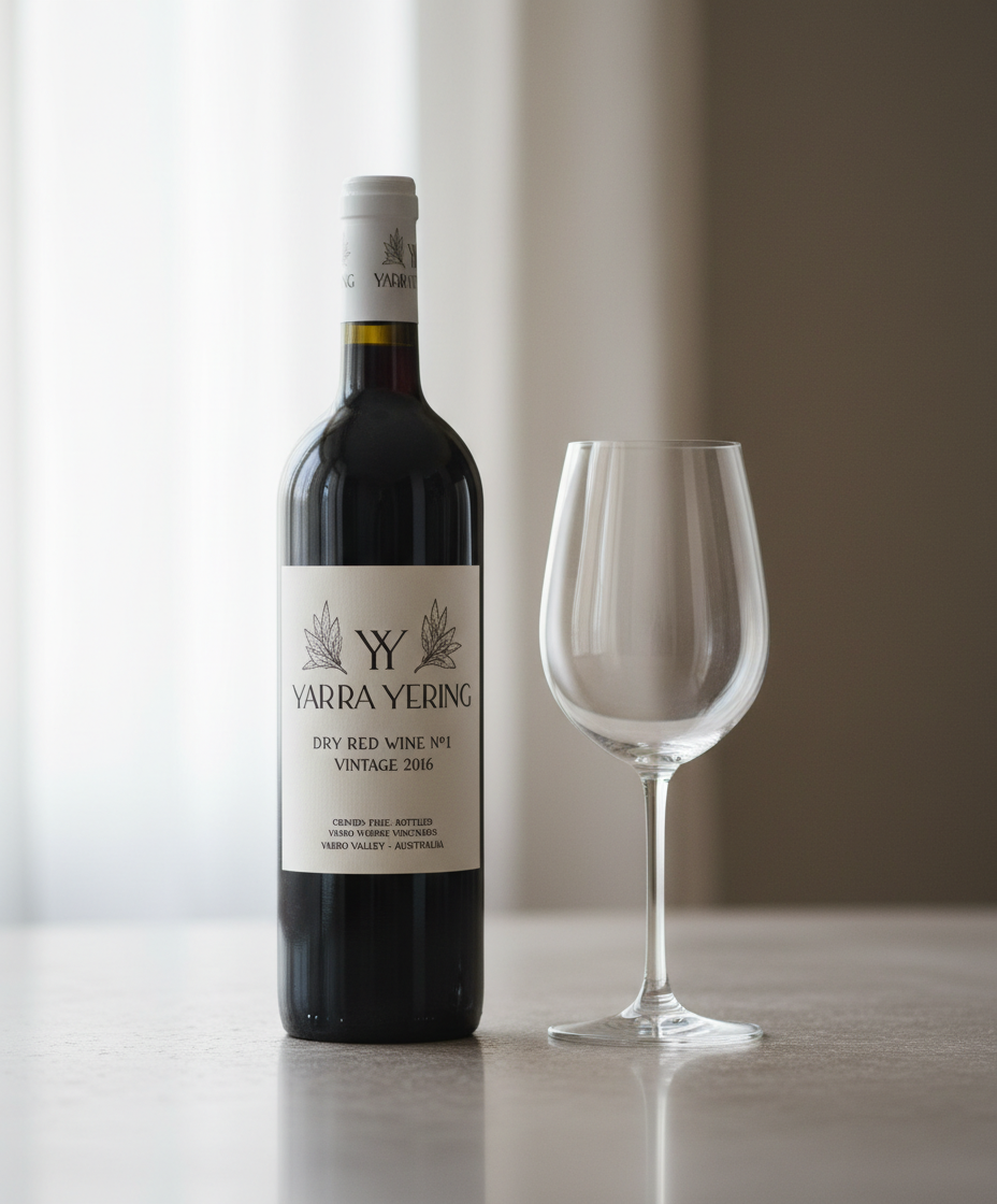 Yarra Yering Dry Red No.1 2018 bottle and empty wine glass in portrait, gallery position 4, 928x1120