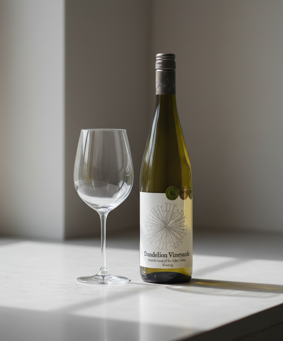 Dandelion Vineyards Enchanted Garden of the Eden Valley Riesling 2024 bottle and empty wine glass portrait view