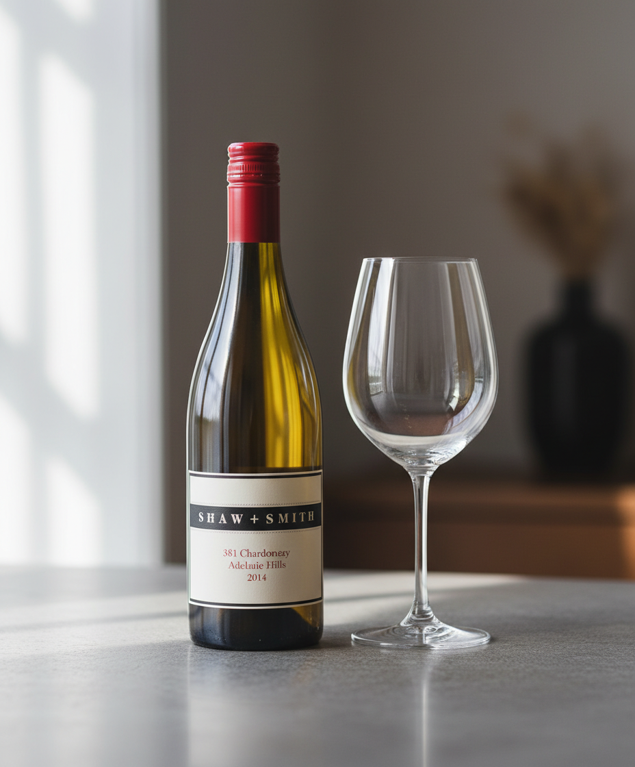 Shaw and Smith M3 Chardonnay 2023 white wine bottle and empty glass in portrait gallery position 4