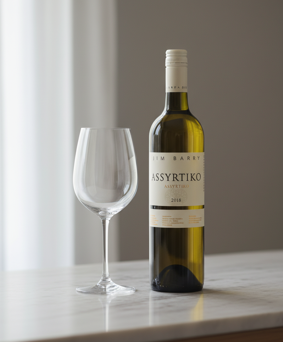 Jim Barry Clare Valley Assyrtiko 2022 white wine bottle and empty glass on marble table portrait 928x1120