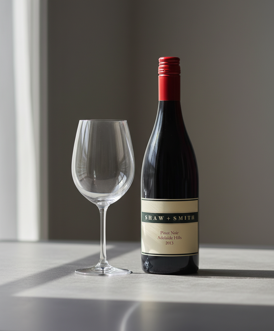 Shaw and Smith Pinot Noir 2021 bottle with empty wine glass in portrait orientation, gallery position 4