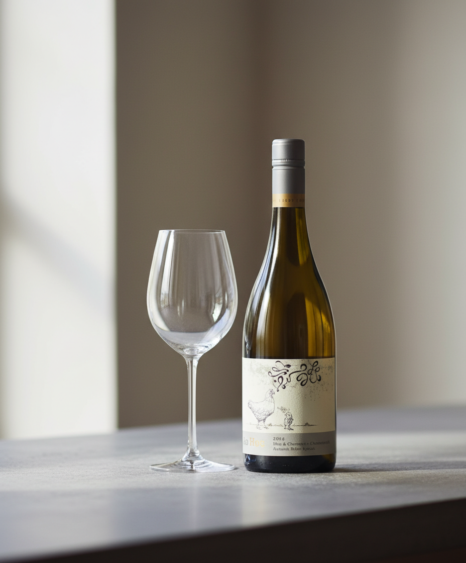 Larry Cherubino Hen and Chicken Chardonnay 2024 bottle with empty wine glass in portrait gallery position 4