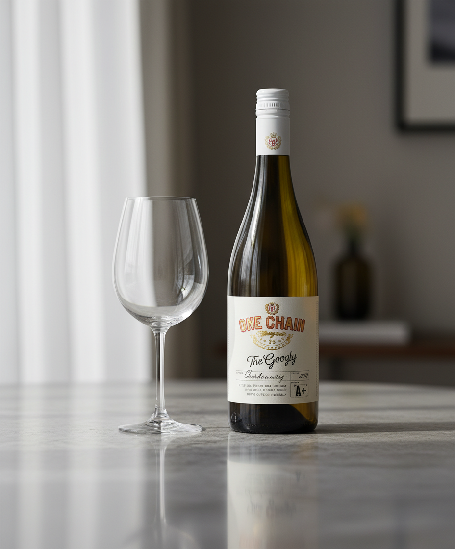 One Chain The Googly Chardonnay 2024 white wine bottle next to empty glass, gallery position 4 portrait