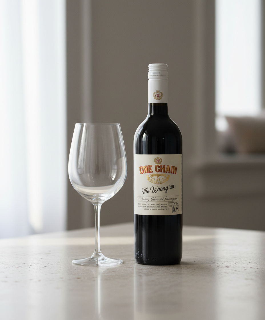 One Chain The Wrong Un Shiraz Cabernet 2024 bottle with empty wine glass in portrait gallery position 4