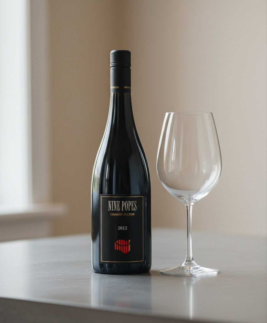 Charles Melton Nine Popes 2018 bottle and empty wine glass in portrait format, gallery image four