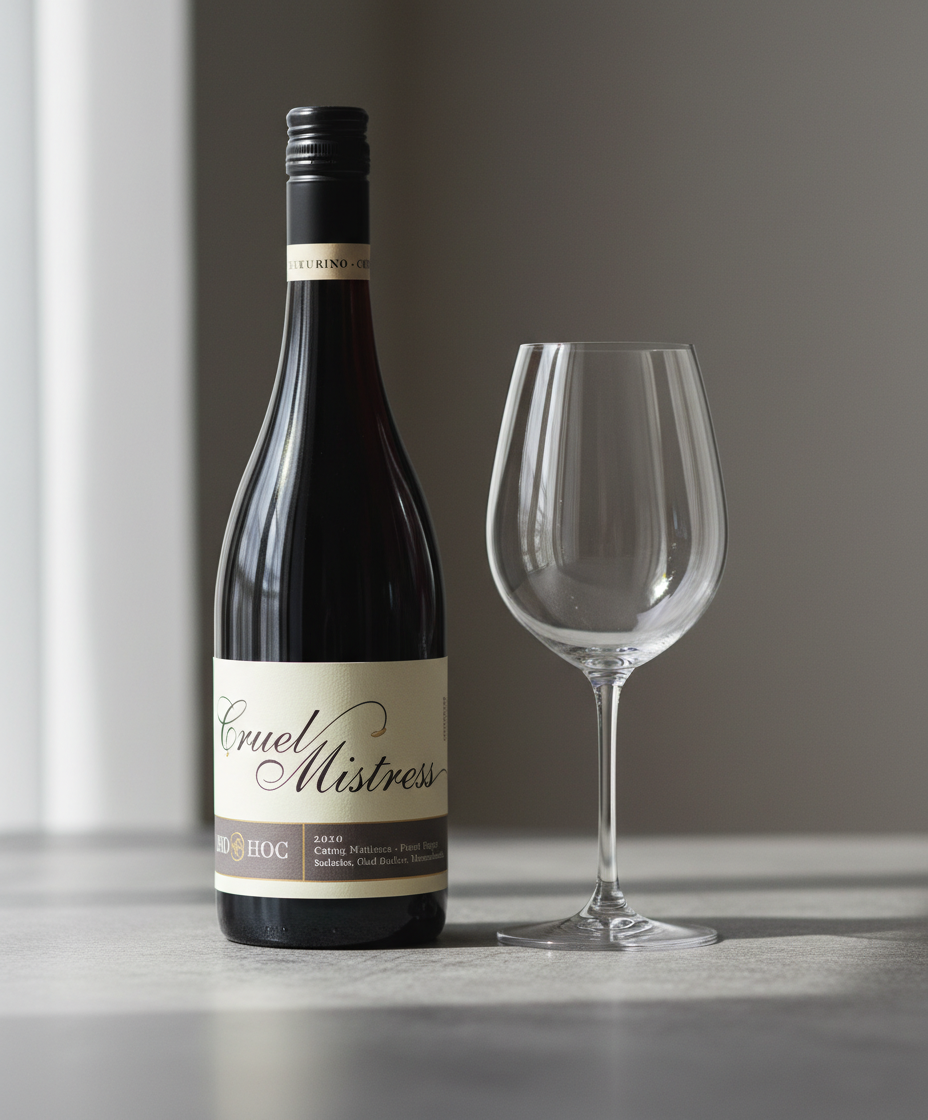 Larry Cherubino Cruel Mistress Pinot Noir 2024 bottle next to empty wine glass in portrait orientation