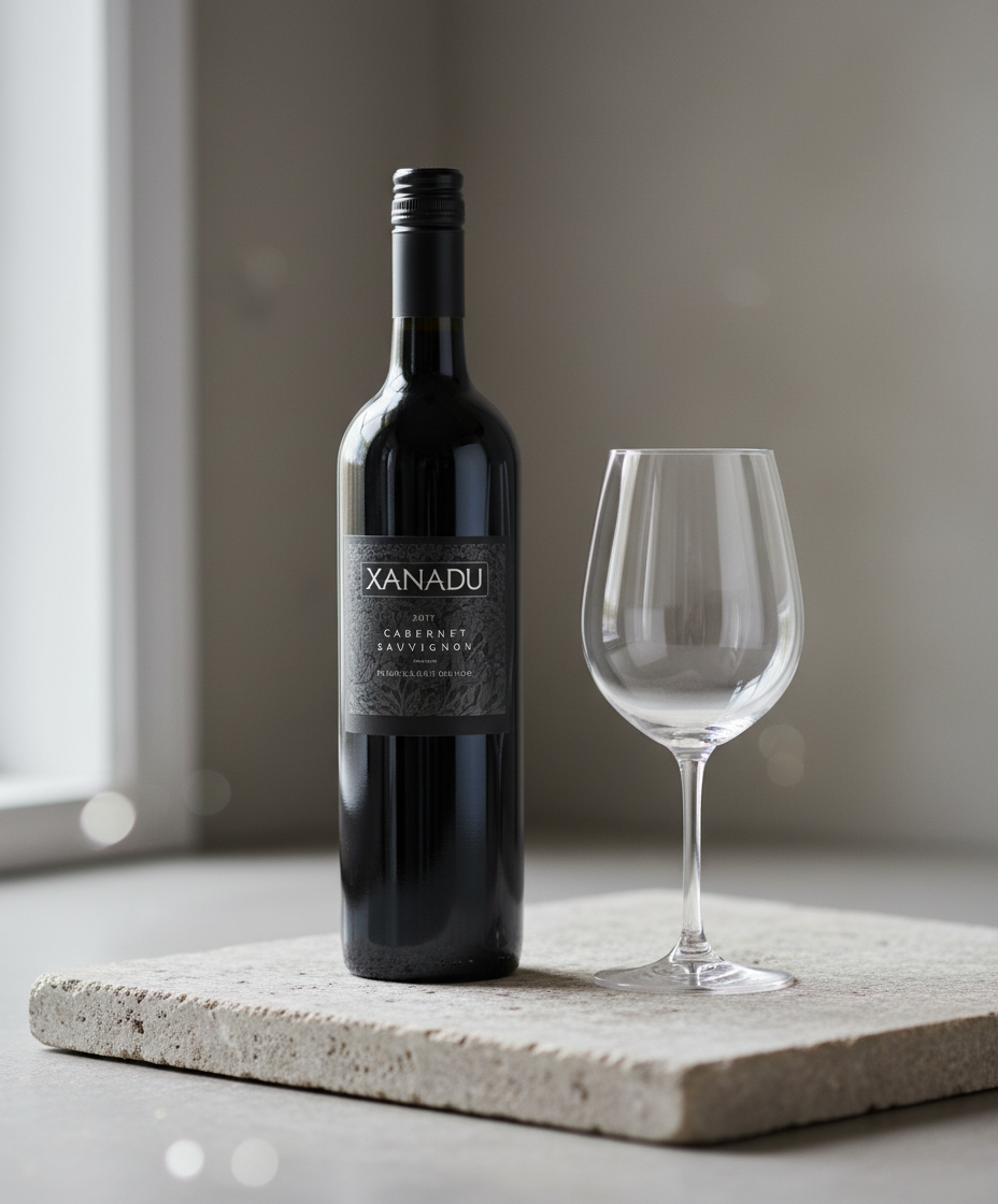 Xanadu Cabernet Sauvignon 2022 bottle with empty wine glass on stone surface, portrait orientation, gallery 4