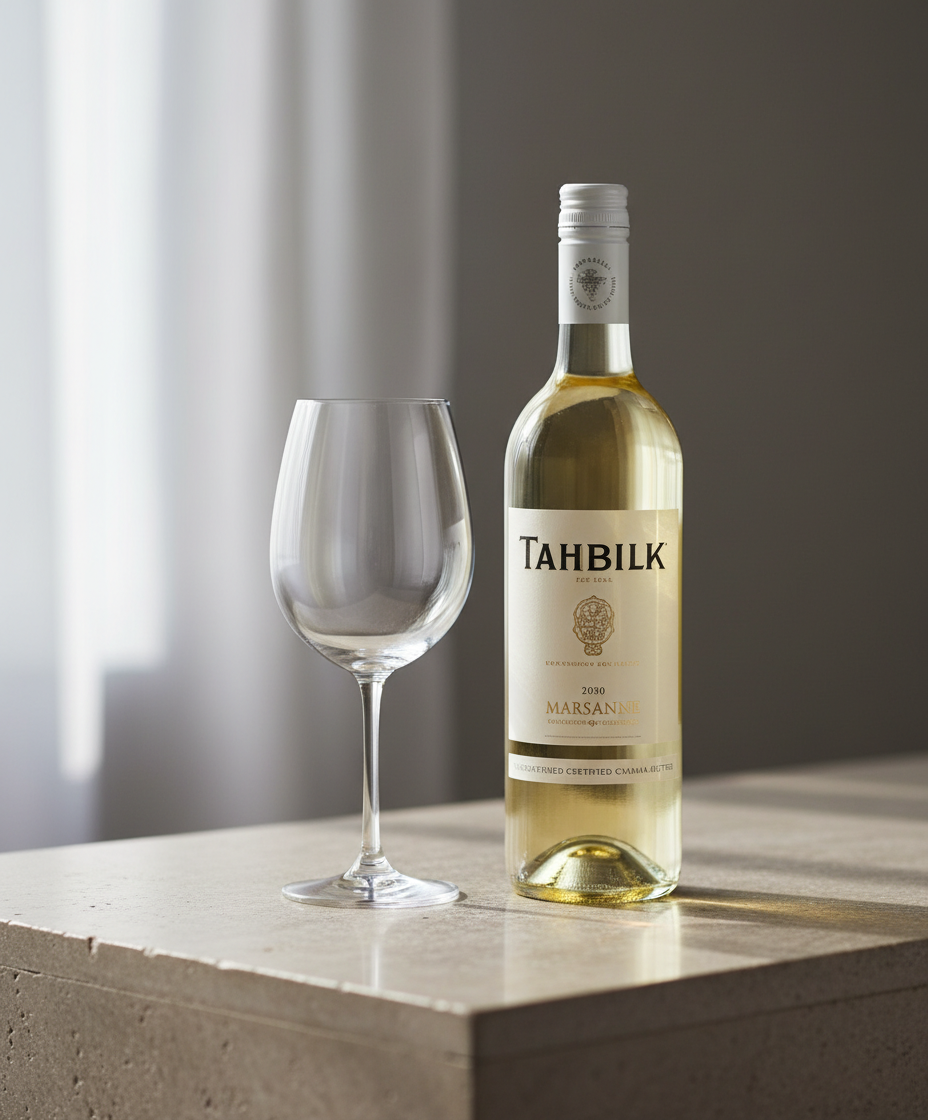 Tahbilk Marsanne 2022 white wine bottle with empty wine glass on stone table portrait gallery 5