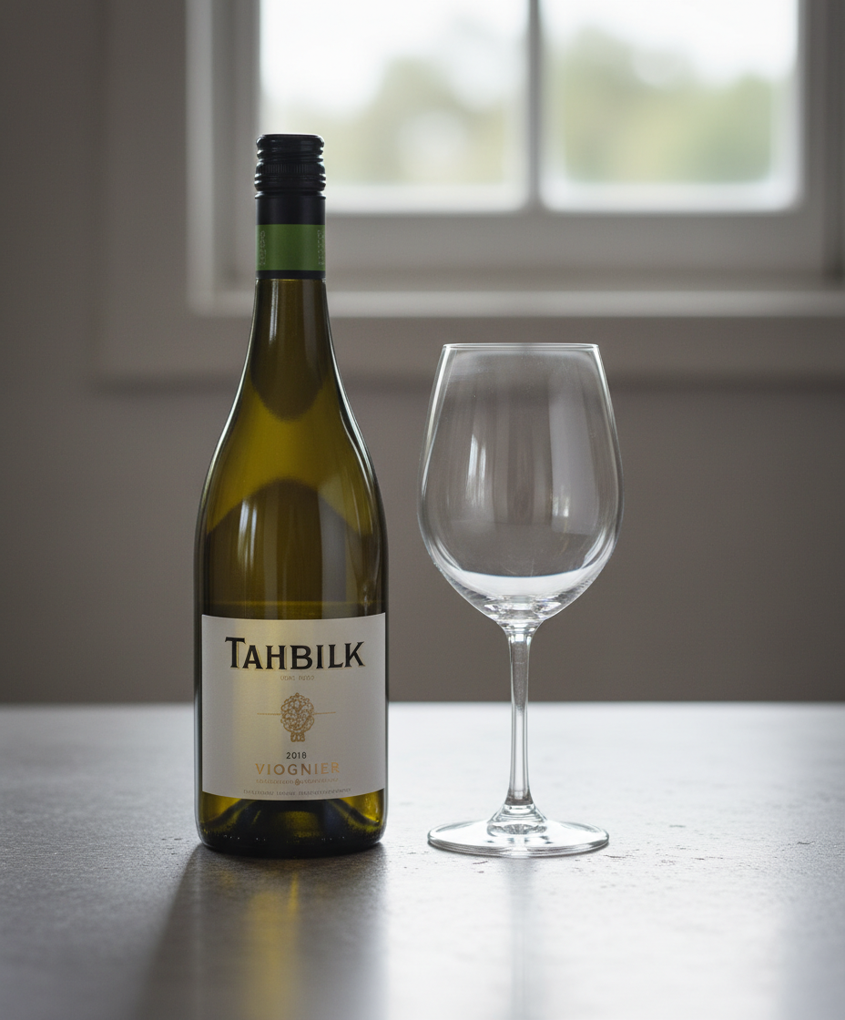 Tahbilk Viognier 2024 bottle and empty wine glass in portrait orientation, gallery position 4
